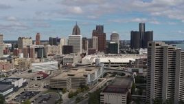 5.7K aerial stock footage a view of the skyline during descent, Downtown Detroit, Michigan Aerial Stock Footage | DX0002_189_019