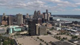 5.7K aerial stock footage a view of skyline in Downtown Detroit, Michigan seen from office buildings Aerial Stock Footage | DX0002_189_025