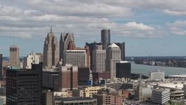 5.7K aerial stock footage a view of the tall skyscrapers in the city's skyline, Downtown Detroit, Michigan Aerial Stock Footage | DX0002_189_033