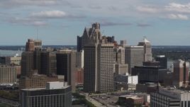 5.7K aerial stock footage of the Patrick V. McNamara Federal Building and skyscrapers, Downtown Detroit, Michigan Aerial Stock Footage | DX0002_189_041