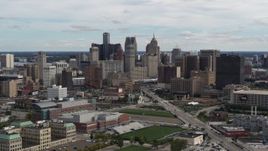 5.7K aerial stock footage of passing the towering skyscrapers in the city's skyline, Downtown Detroit, Michigan Aerial Stock Footage | DX0002_190_020