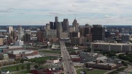 5.7K aerial stock footage flyby the towering skyscrapers in the downtown skyline, Downtown Detroit, Michigan Aerial Stock Footage | DX0002_190_021