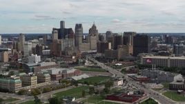 5.7K aerial stock footage passing the towering skyscrapers in the downtown skyline, Downtown Detroit, Michigan Aerial Stock Footage | DX0002_190_022