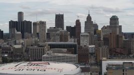 5.7K aerial stock footage a view of the city's skyline from over arena, Downtown Detroit, Michigan Aerial Stock Footage | DX0002_190_038
