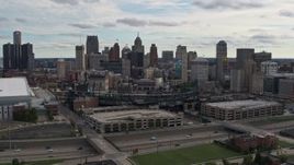 5.7K aerial stock footage stationary view of Comerica Park baseball stadium and skyline, Downtown Detroit, Michigan Aerial Stock Footage | DX0002_191_012