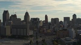 5.7K aerial stock footage of a view of the city skyline at sunset in Downtown Detroit, Michigan Aerial Stock Footage | DX0002_192_003