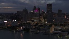 5.7K aerial stock footage orbit tall downtown skyscrapers at twilight, Downtown Detroit, Michigan Aerial Stock Footage | DX0002_193_002