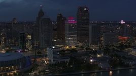 5.7K aerial stock footage orbit a group of skyscrapers at twilight, Downtown Detroit, Michigan Aerial Stock Footage | DX0002_193_004