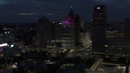 5.7K aerial stock footage approach One Woodward Avenue skyscraper at twilight, Downtown Detroit, Michigan Aerial Stock Footage | DX0002_193_015