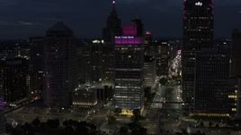 5.7K aerial stock footage orbit One Woodward Avenue skyscraper at twilight, Downtown Detroit, Michigan Aerial Stock Footage | DX0002_193_016