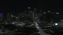 5.7K aerial stock footage of the skyscrapers in the skyline at night, Downtown Detroit, Michigan Aerial Stock Footage | DX0002_193_030