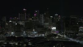 5.7K aerial stock footage of the tall towers in the skyline at night, Downtown Detroit, Michigan Aerial Stock Footage | DX0002_193_031