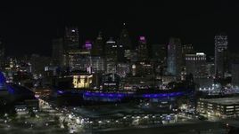 5.7K aerial stock footage fly past Comerica Park and skyline at night, Downtown Detroit, Michigan Aerial Stock Footage | DX0002_193_056