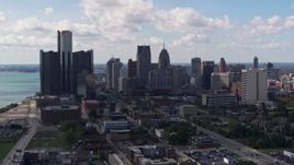 5.7K aerial stock footage a view of GM Renaissance Center and the city's skyline, Downtown Detroit, Michigan Aerial Stock Footage | DX0002_194_001