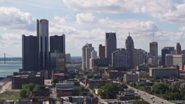 5.7K aerial stock footage of ascending past towering GM Renaissance Center and the skyline in Downtown Detroit, Michigan Aerial Stock Footage | DX0002_194_023