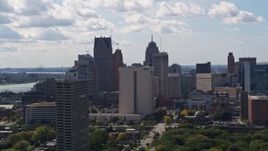 5.7K aerial stock footage of flying by part of the city's skyline in Downtown Detroit, Michigan Aerial Stock Footage | DX0002_194_026