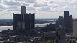 5.7K aerial stock footage of GM Renaissance Center overlooking the river in Downtown Detroit, Michigan Aerial Stock Footage | DX0002_194_029