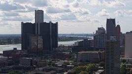 5.7K aerial stock footage of orbiting GM Renaissance Center overlooking the river in Downtown Detroit, Michigan Aerial Stock Footage | DX0002_194_030