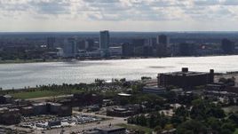 5.7K aerial stock footage of the skyline of Windsor, Ontario, Canada across the Detroit River Aerial Stock Footage | DX0002_194_038