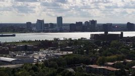 5.7K aerial stock footage of a wide view of the skyline of Windsor, Ontario, Canada seen from Detroit side of the river Aerial Stock Footage | DX0002_194_040