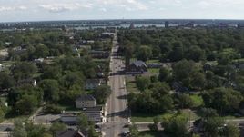 5.7K aerial stock footage of a church on Mt Elliott Street in an urban neighborhood, Detroit, Michigan Aerial Stock Footage | DX0002_195_011