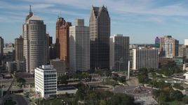 5.7K aerial stock footage of towering skyscrapers across from Hart Plaza, Downtown Detroit, Michigan Aerial Stock Footage | DX0002_196_002