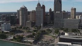 5.7K aerial stock footage of slowly orbiting tall skyscrapers and Hart Plaza, Downtown Detroit, Michigan Aerial Stock Footage | DX0002_196_010