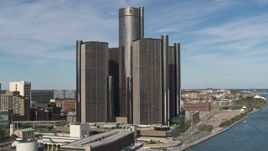 5.7K aerial stock footage of flying away from GM Renaissance Center in Downtown Detroit, Michigan Aerial Stock Footage | DX0002_196_020