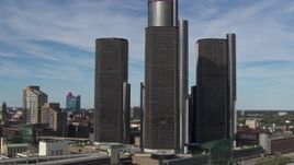 5.7K aerial stock footage approach and circle GM Renaissance Center in Downtown Detroit, Michigan Aerial Stock Footage | DX0002_196_022