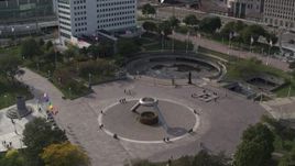 5.7K aerial stock footage orbit and approach fountain in Hart Plaza in Downtown Detroit, Michigan Aerial Stock Footage | DX0002_196_023
