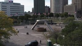 5.7K aerial stock footage descend by the fountain in Hart Plaza in Downtown Detroit, Michigan Aerial Stock Footage | DX0002_196_024