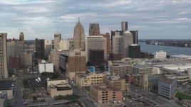 5.7K aerial stock footage orbiting a group of skyscrapers in Downtown Detroit, Michigan Aerial Stock Footage | DX0002_196_025