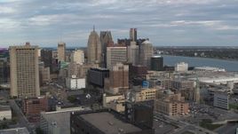 5.7K aerial stock footage wide orbit of a group of skyscrapers in Downtown Detroit, Michigan Aerial Stock Footage | DX0002_196_026