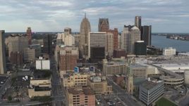 5.7K aerial stock footage descend and orbit of a group of skyscrapers in Downtown Detroit, Michigan Aerial Stock Footage | DX0002_196_027