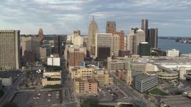 5.7K aerial stock footage of flying away from a group of skyscrapers in Downtown Detroit, Michigan Aerial Stock Footage | DX0002_196_031