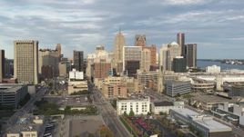 5.7K aerial stock footage of ascending toward a group of skyscrapers in Downtown Detroit, Michigan Aerial Stock Footage | DX0002_196_033