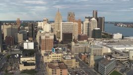 5.7K aerial stock footage of approaching a group of skyscrapers in Downtown Detroit, Michigan Aerial Stock Footage | DX0002_196_034