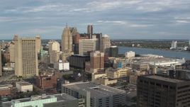 5.7K aerial stock footage of a stationary view of a group of skyscrapers in Downtown Detroit, Michigan Aerial Stock Footage | DX0002_196_037