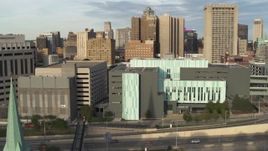 5.7K aerial stock footage of circling the Detroit Public Safety Headquarters in Downtown Detroit, Michigan Aerial Stock Footage | DX0002_196_043