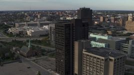 5.7K aerial stock footage of circling the Executive Plaza Building in Downtown Detroit, Michigan Aerial Stock Footage | DX0002_196_049