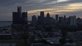 5.7K aerial stock footage flyby GM Renaissance Center and the skyline at sunset, Downtown Detroit, Michigan Aerial Stock Footage | DX0002_197_037