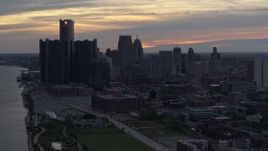 5.7K aerial stock footage of the city's tall skyscrapers at sunset, Downtown Detroit, Michigan Aerial Stock Footage | DX0002_197_046