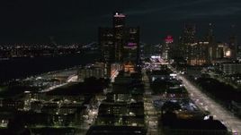 5.7K aerial stock footage of orbiting GM Renaissance Center at night, Downtown Detroit, Michigan Aerial Stock Footage | DX0002_198_040