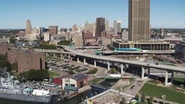 5.7K aerial stock footage of light traffic on I-190 near skyline, Downtown Buffalo, New York Aerial Stock Footage | DX0002_200_008