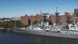 5.7K aerial stock footage orbit the USS Little Rock in Downtown Buffalo, New York Aerial Stock Footage | DX0002_200_018