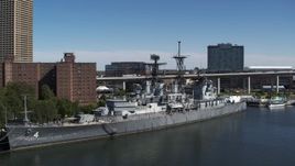 5.7K aerial stock footage orbit and approach the USS Little Rock in Downtown Buffalo, New York Aerial Stock Footage | DX0002_200_019