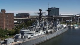 5.7K aerial stock footage close orbit of the USS Little Rock in Downtown Buffalo, New York Aerial Stock Footage | DX0002_200_020