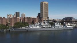 5.7K aerial stock footage descend while focused on the USS Little Rock in Downtown Buffalo, New York Aerial Stock Footage | DX0002_200_022