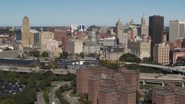 5.7K aerial stock footage focus on County and City Hall. in the city's skyline, Downtown Buffalo, New York Aerial Stock Footage | DX0002_201_001