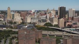 5.7K aerial stock footage focus on County and City Hall in the city's skyline, Downtown Buffalo, New York Aerial Stock Footage | DX0002_201_004